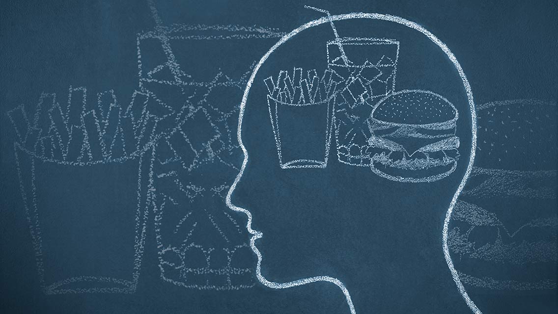 a chalk drawing of a head with junk food in the brain area