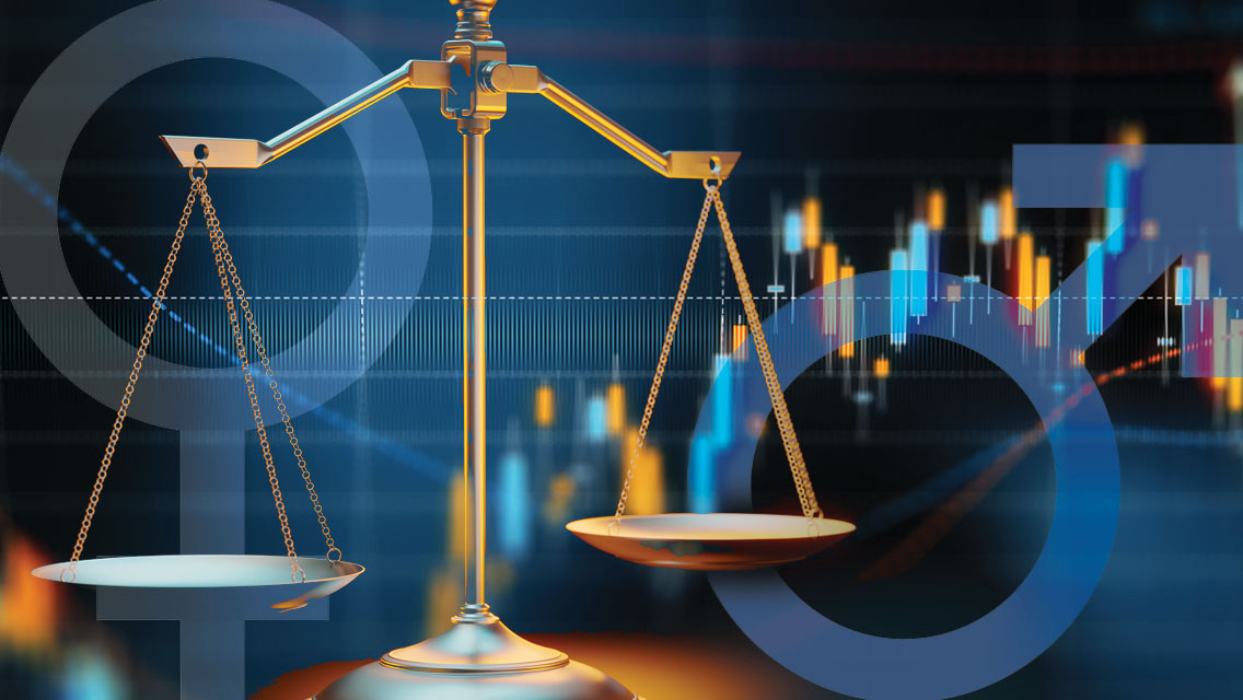 illustration of male and female icons with a balance scale
