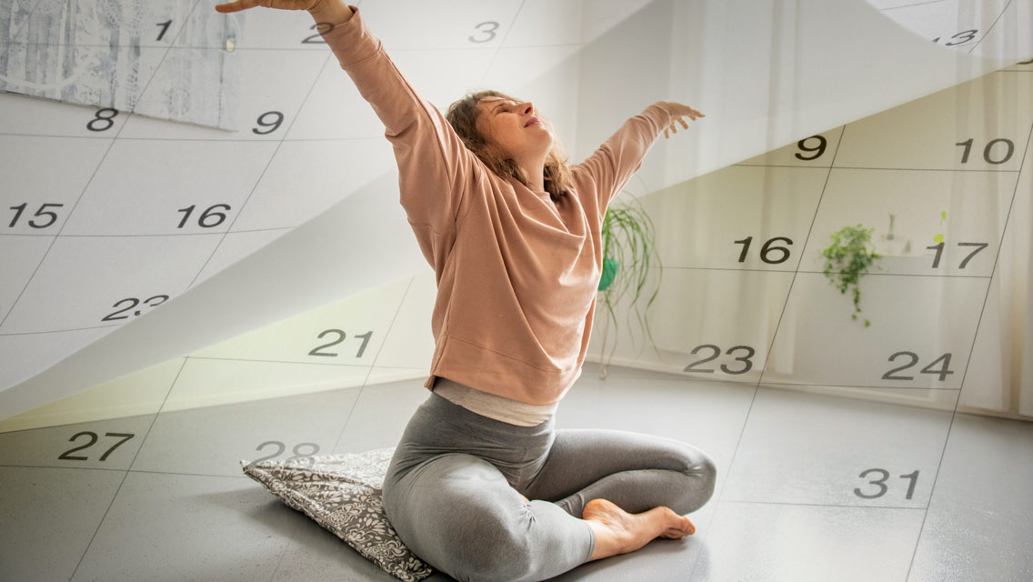 a woman stretching with a calendar page turning in the background.