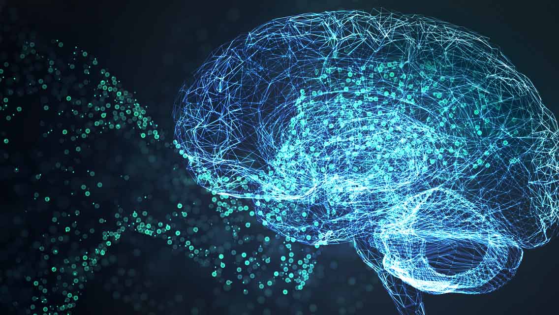 An image of a neon-lit brain with neon dots entering it