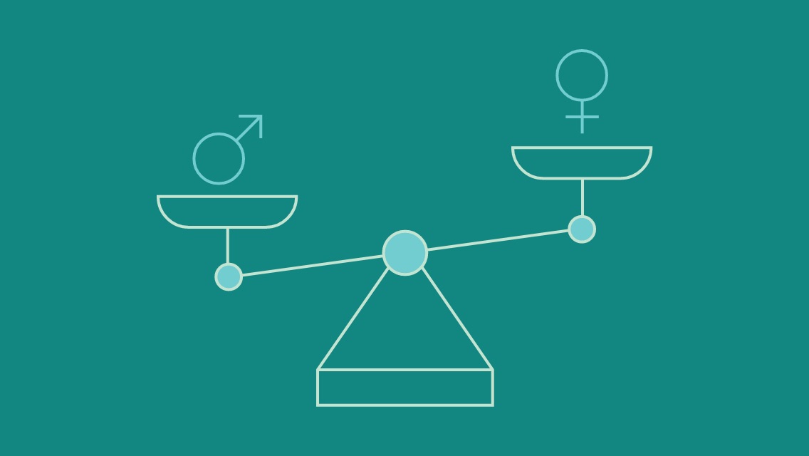 An illustration of a scale balancing a male gender symbol and a female gender symbol.