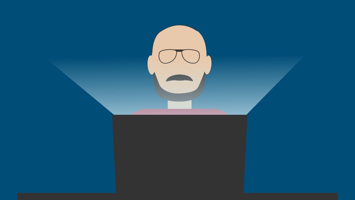 An illustration of a man's head seen above a pedestal with a light framing his face.