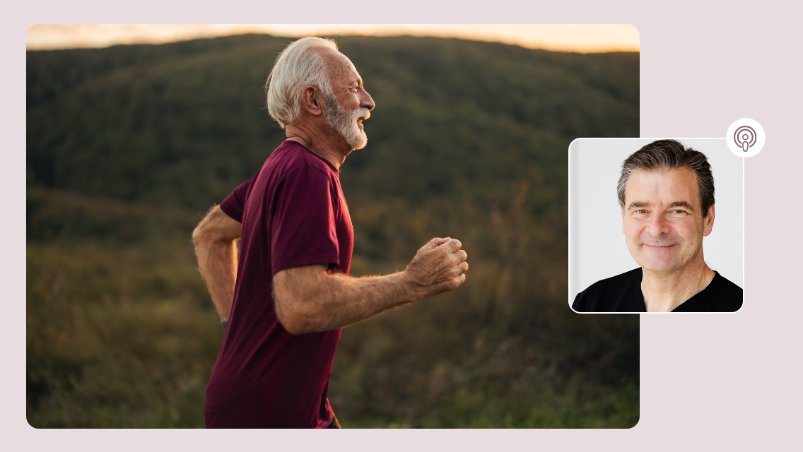 Greg Pippert's headshot next to an image of an older man running outside.