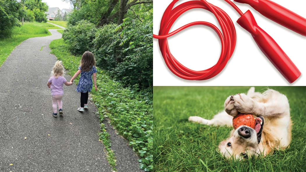 photo collage: kids walking, dog, and jump rope