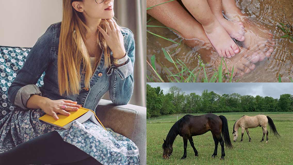 photo comp of a woman reading, toes in water, and horses in a field.