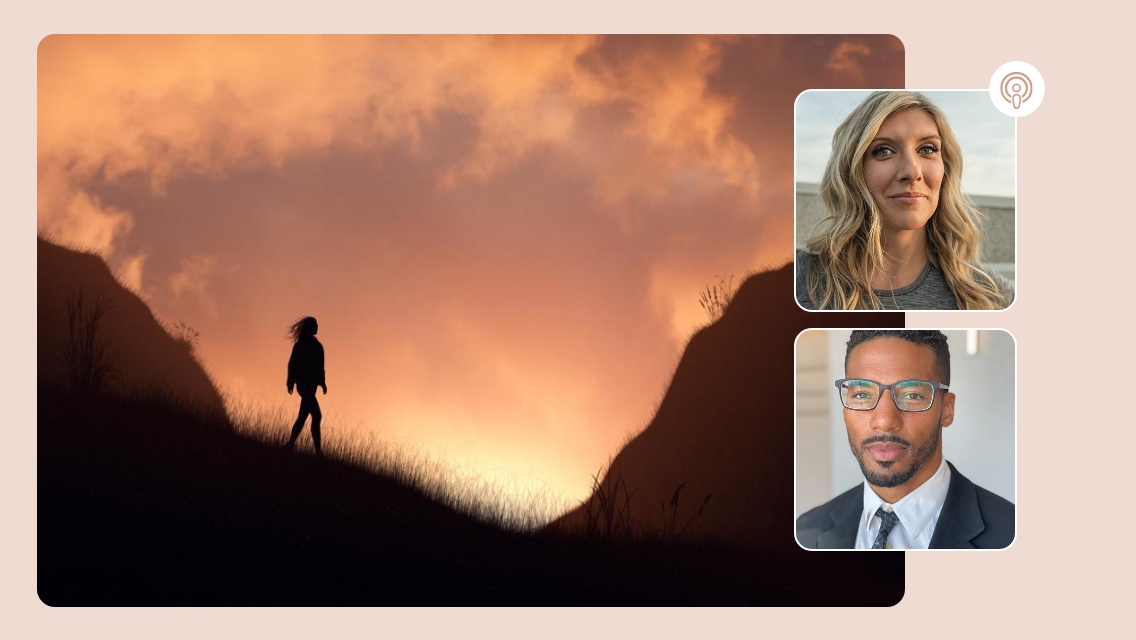 Jamie and David headshot, and person walking on mountain landscape