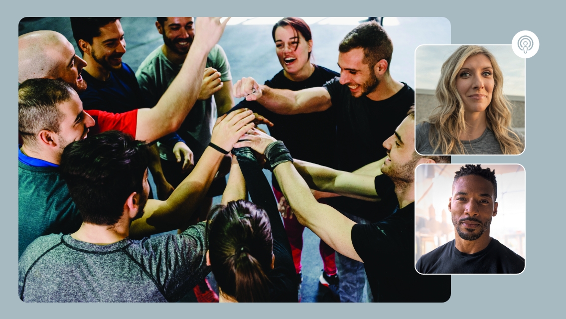 Jamie and David headshot and group of people putting their hands in the middle