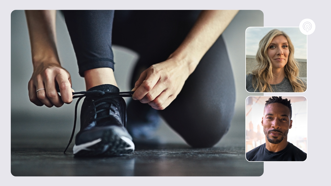 Life Time Talks David and Jamie faces with woman tying shoe