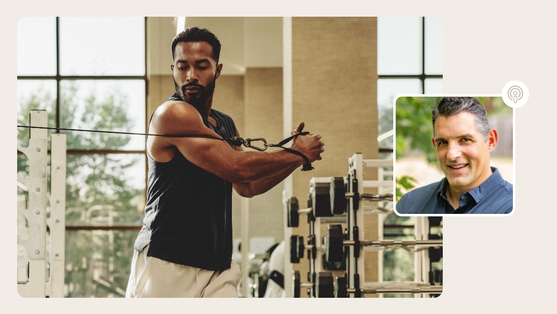 A man doing a bicep curl with Jeff Rosga's headshot