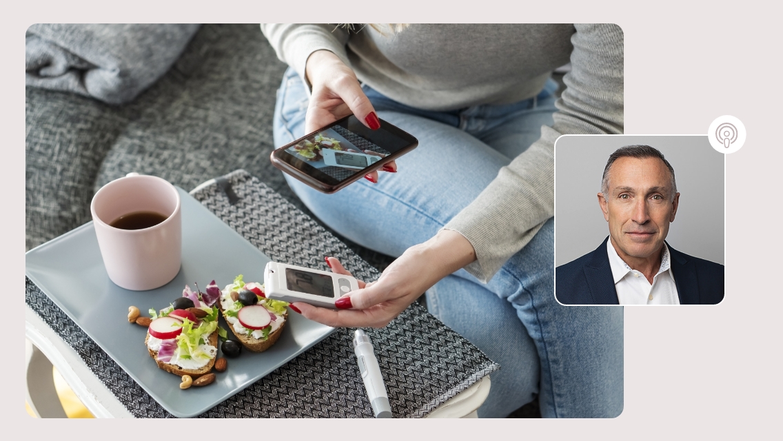 Jim headshot and woman tracking food