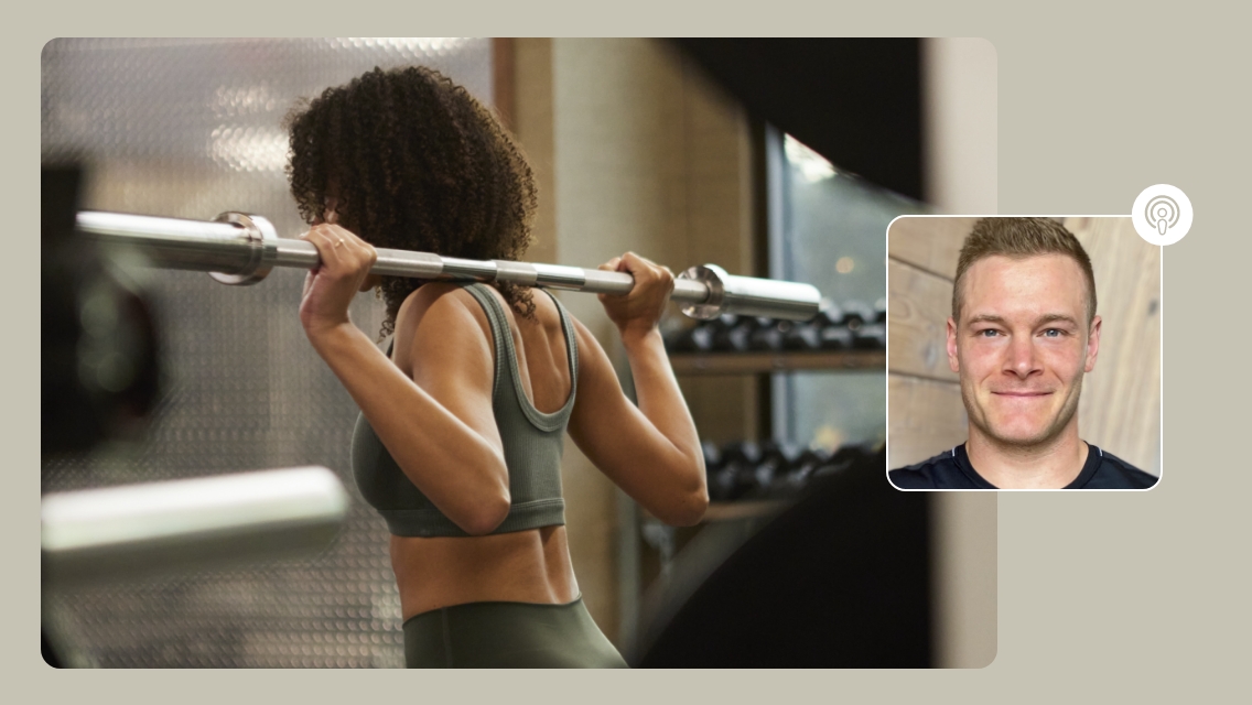woman lifting a barre and headshot of Joe