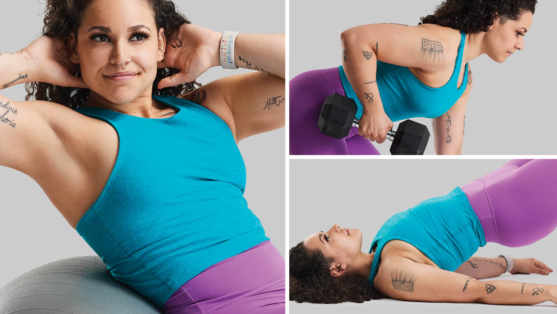 image of woman doing core work, bent row, and bridge