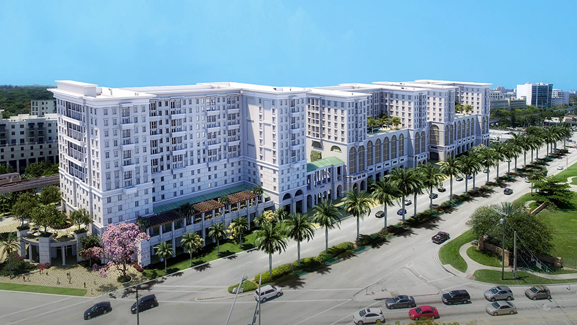 Rendering of the outside of Life Time Living in Coral Gables, Florida.