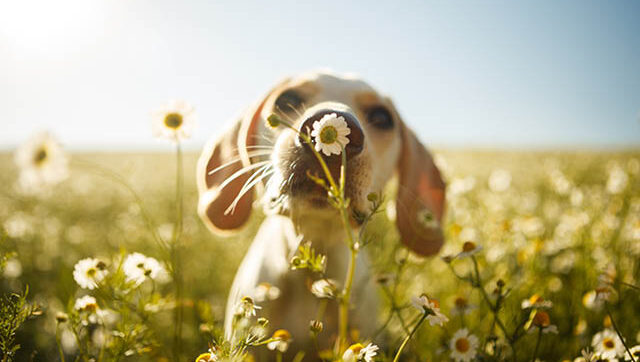 A white dog smelling a chamomile flower with the focus on the flower