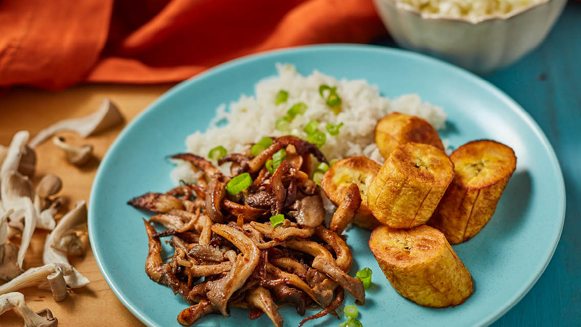 jerk seasoned mushrooms and plantains