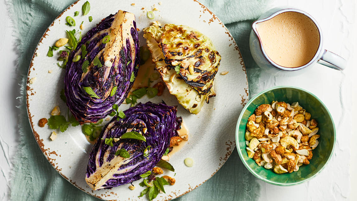 charred cabbage with cashew cream sauce