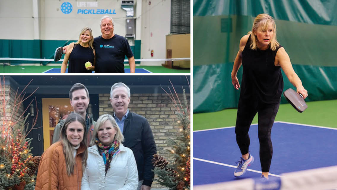 a collage of Elise Laedtke with her family and playing pickleball