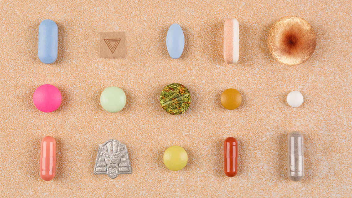 an assortment of pills and psychedelics