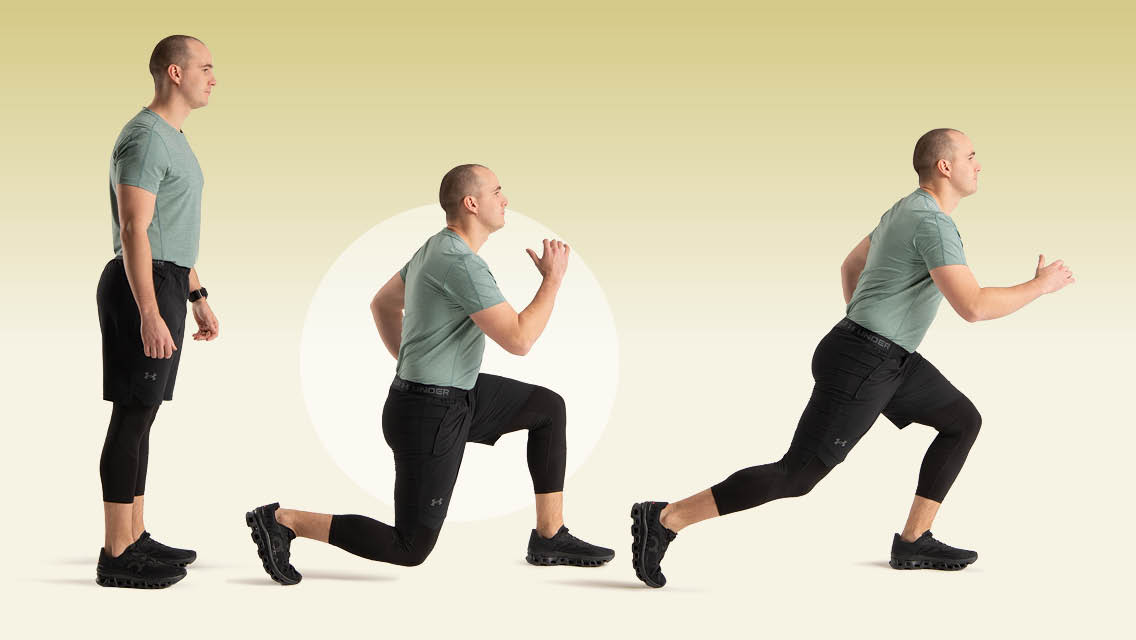 a man performs a walking lunge