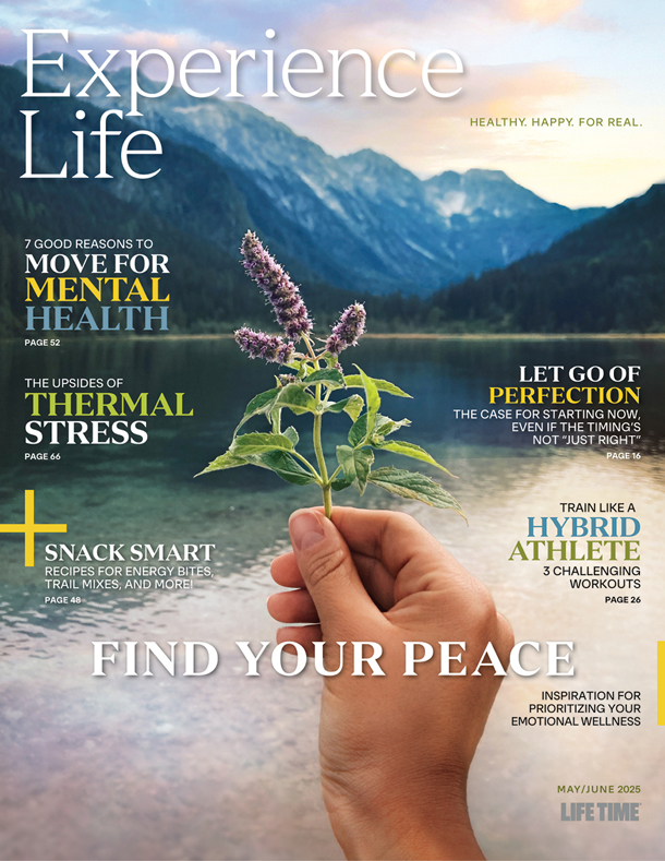 May/June 2025 cover of Experience Life with hand holding wild hyssop and a mountain in the background