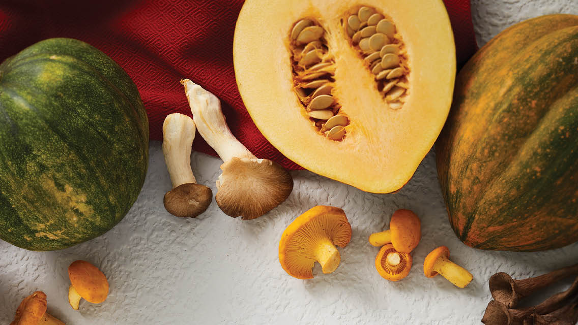 a variety of fall squash and mushrooms.
