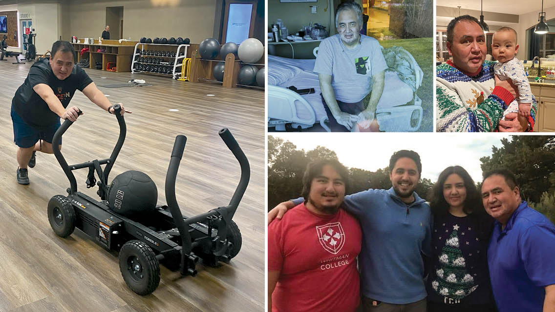 a composite of Larry Pravblek at Life Time and with his family