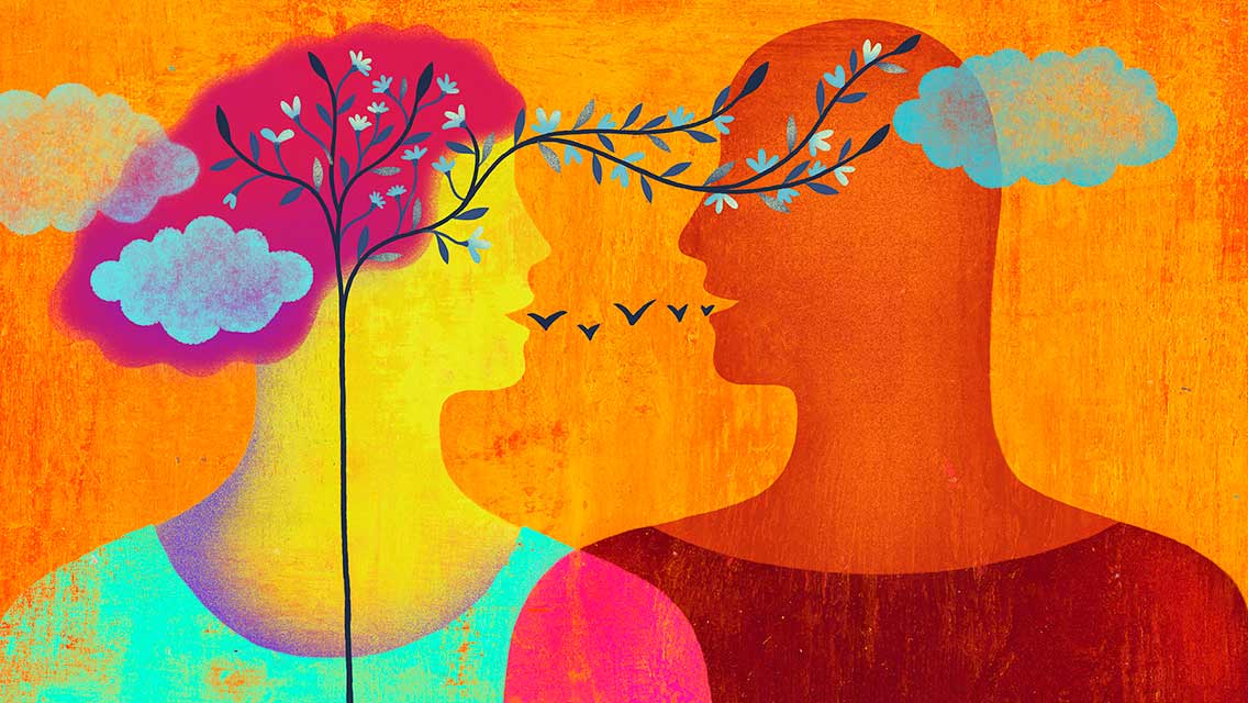 illustration of a couple connected and talking about sex