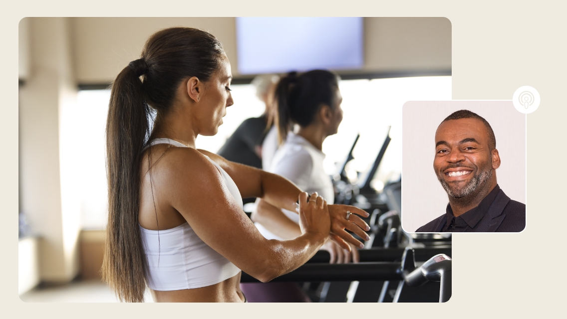 Life Time Talks Omaur and woman on fitness floor