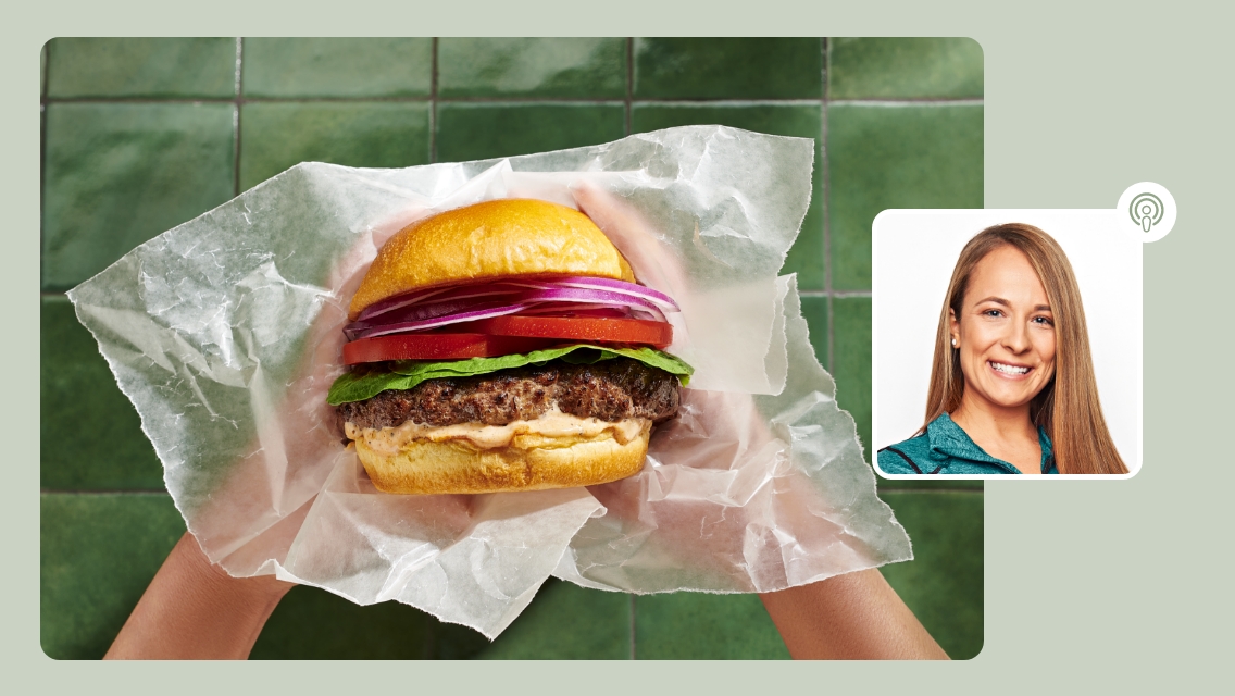A picture of two handles holding a burger along with a headshot of Samantha McKinney