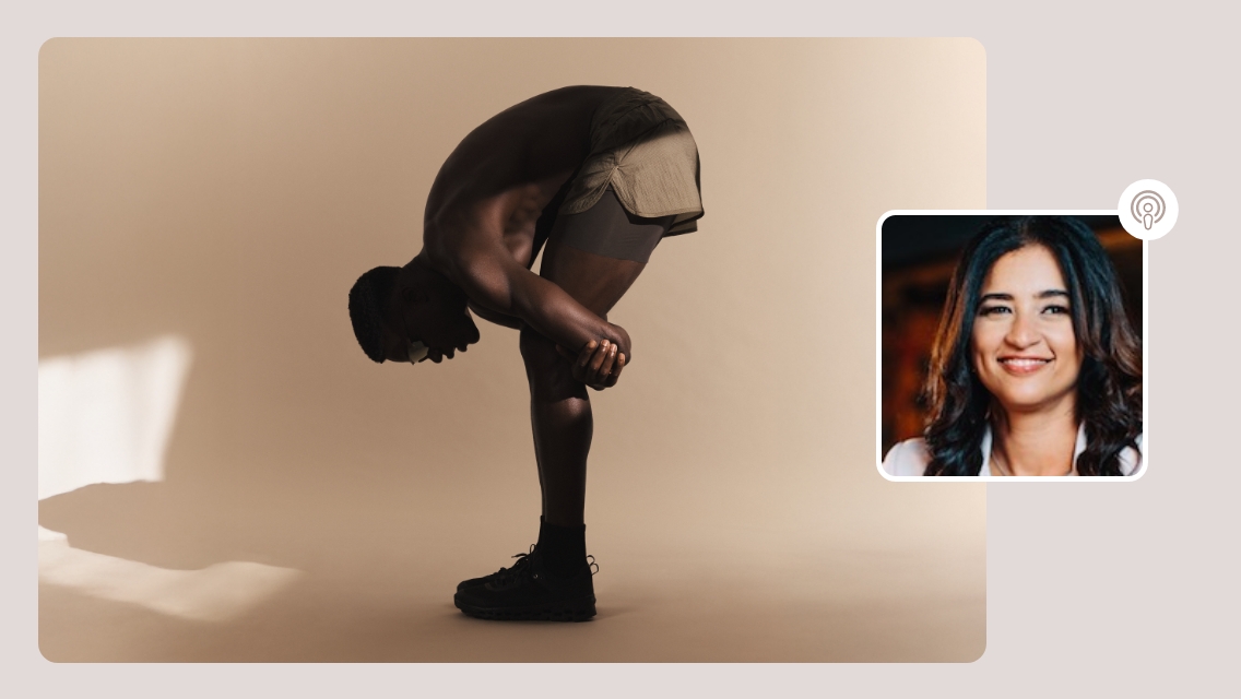 A man bending over with a headshot of Sandra Tadros Guirguis.