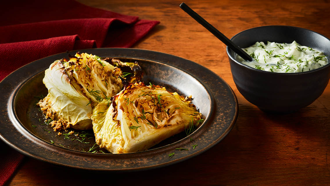 caramelized cabbage and tzaiki sauce