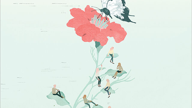 illio of flower, butterfly and people siting on flower's leaves